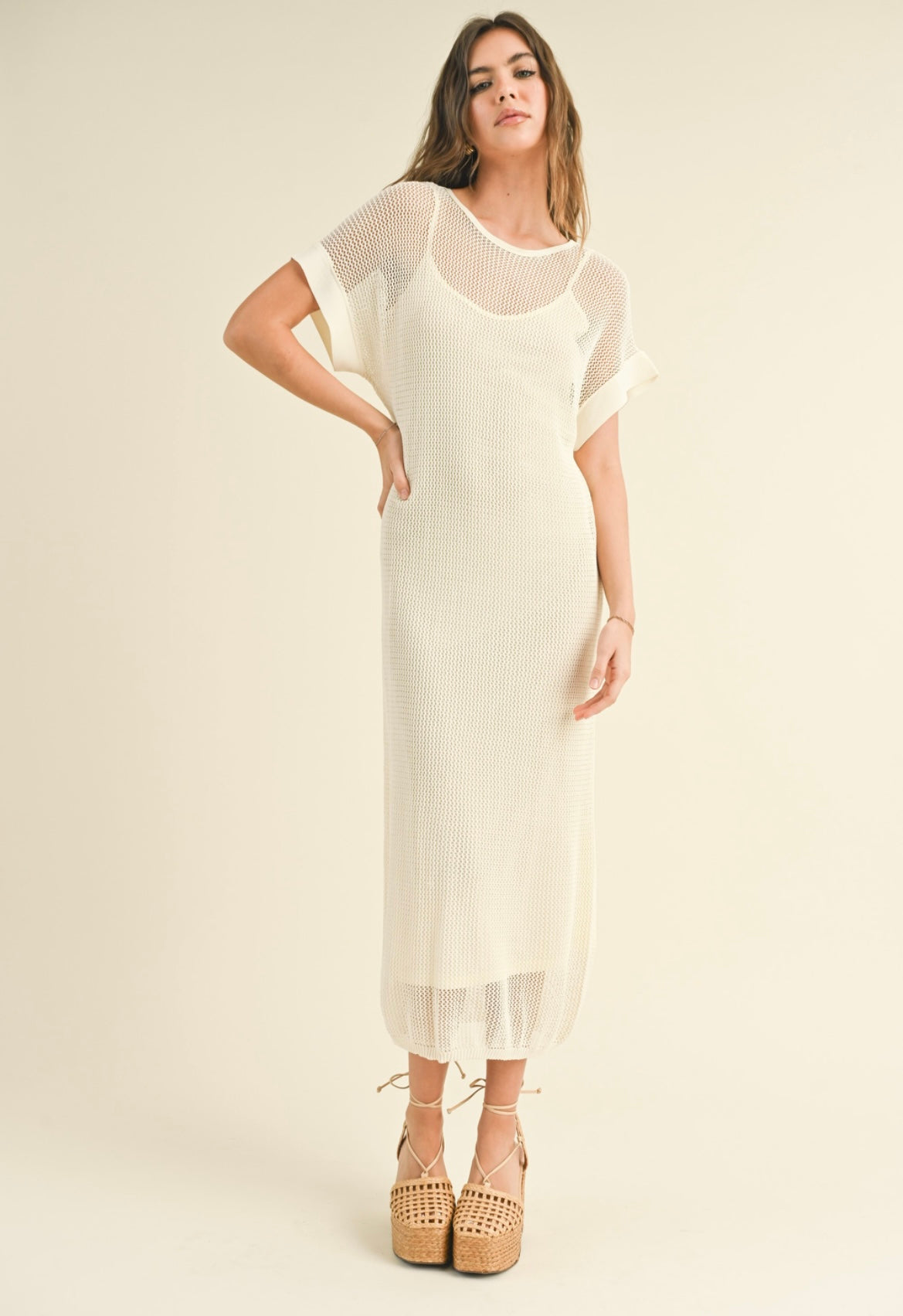 Net knitted long dress with Slip